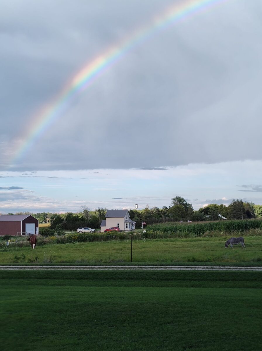 Rainbow over houses in the distance